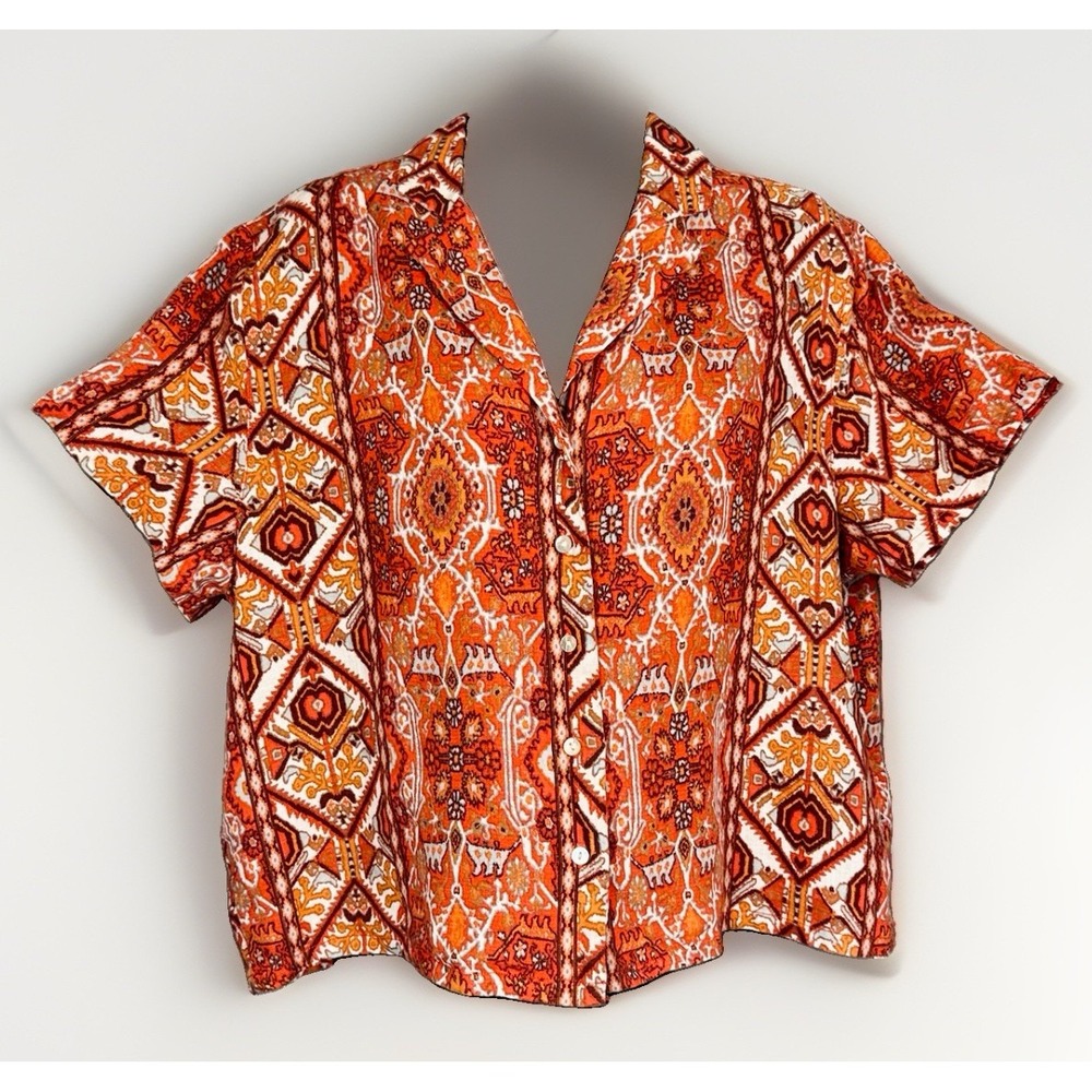 Rachel Zoe 100% Linen Boxy Button Shirt M Red Festival Cowgirl Aztec Folk Art